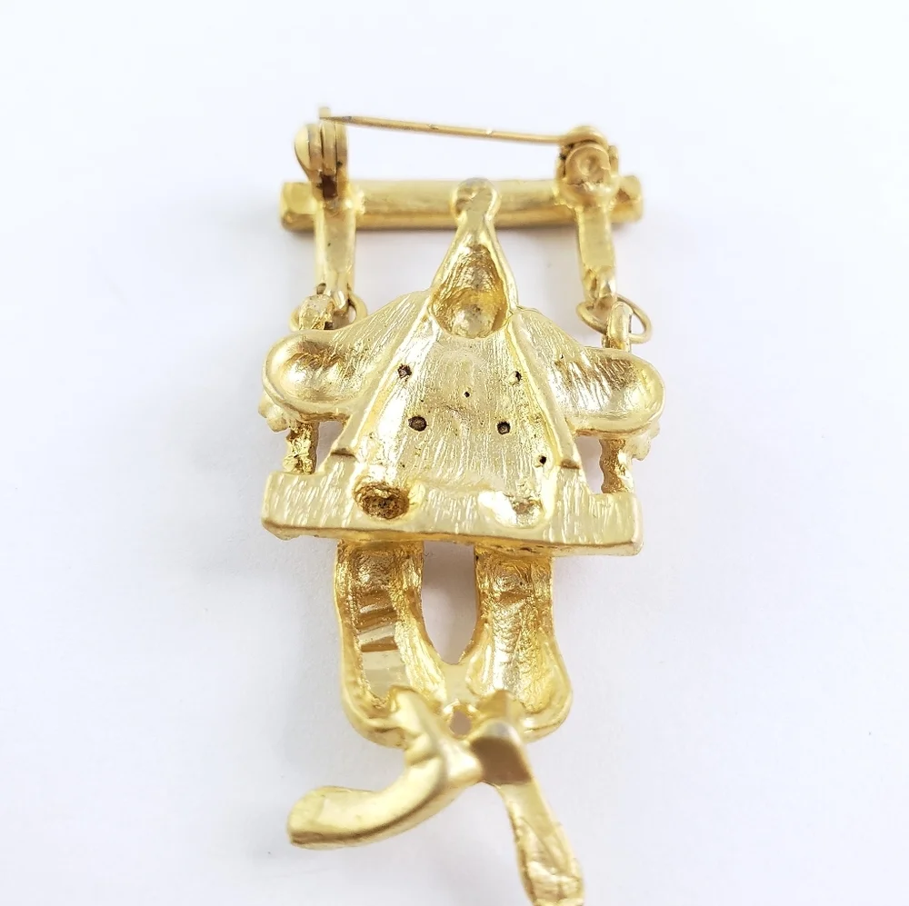 Vintage Brooch Clown Pin Gold + Rhinestones